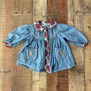 Thomas Vintage Bear Embroidered Collared Plaid Denim Button Down Dress -12M